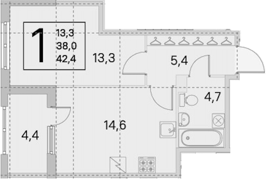 1-комнатная квартира 38 м², 1/5 эт., ЖК «ЮгТаун. Олимпийские кварталы»